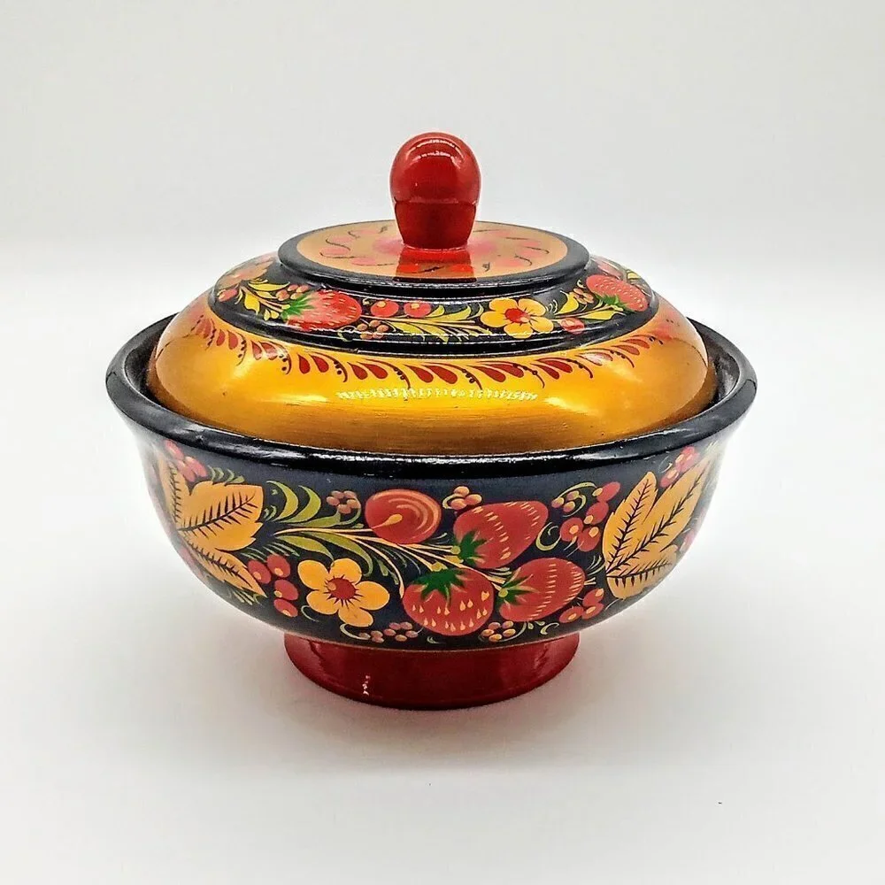 Russian Khokhloma Folk Art Painted Round Wood Covered Bowl - Picture 1 of 6